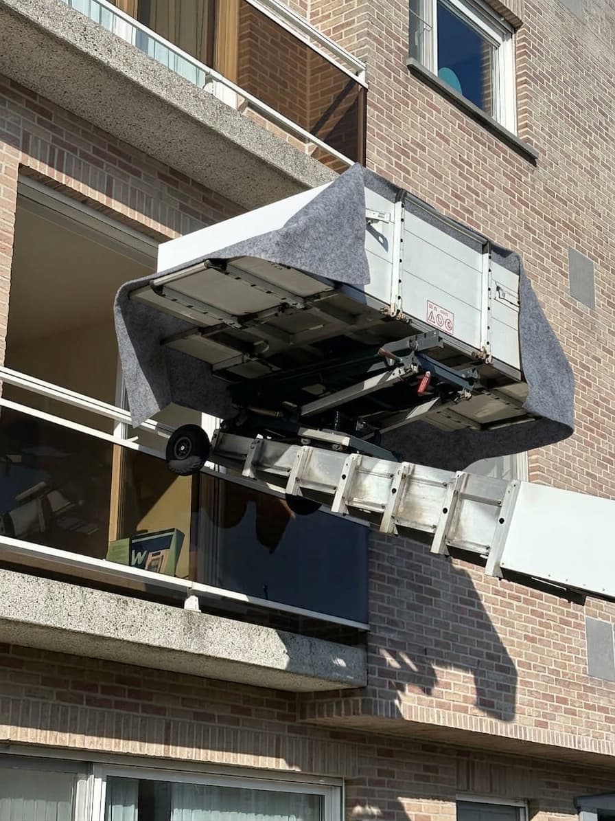 Liftplateau met beschermde lading aan een balkon